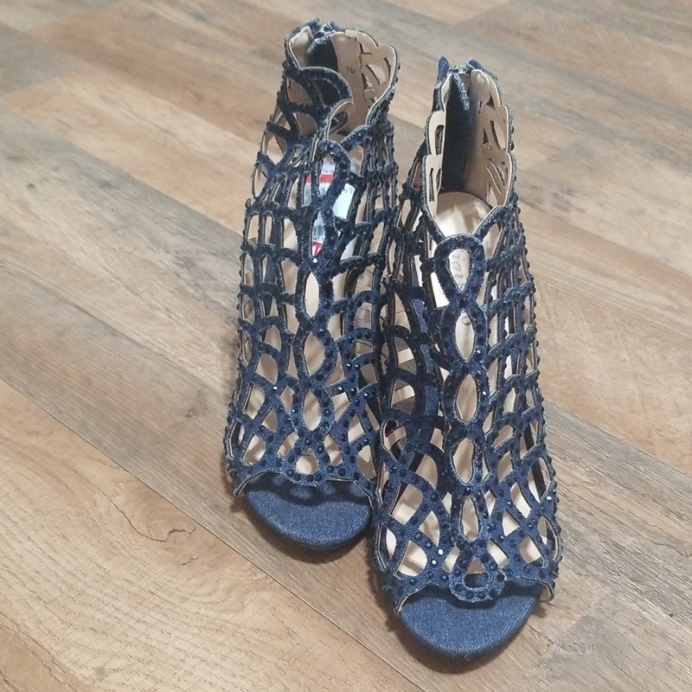 Denim dark blue rhinestone caged heels